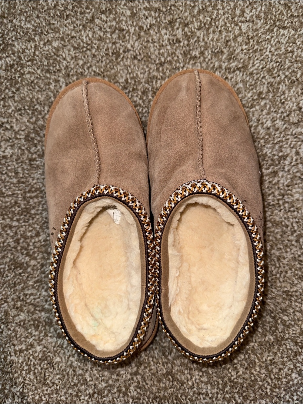 UGG Women's Taupe Suede Slip-On Slippers with Shearling Lining
